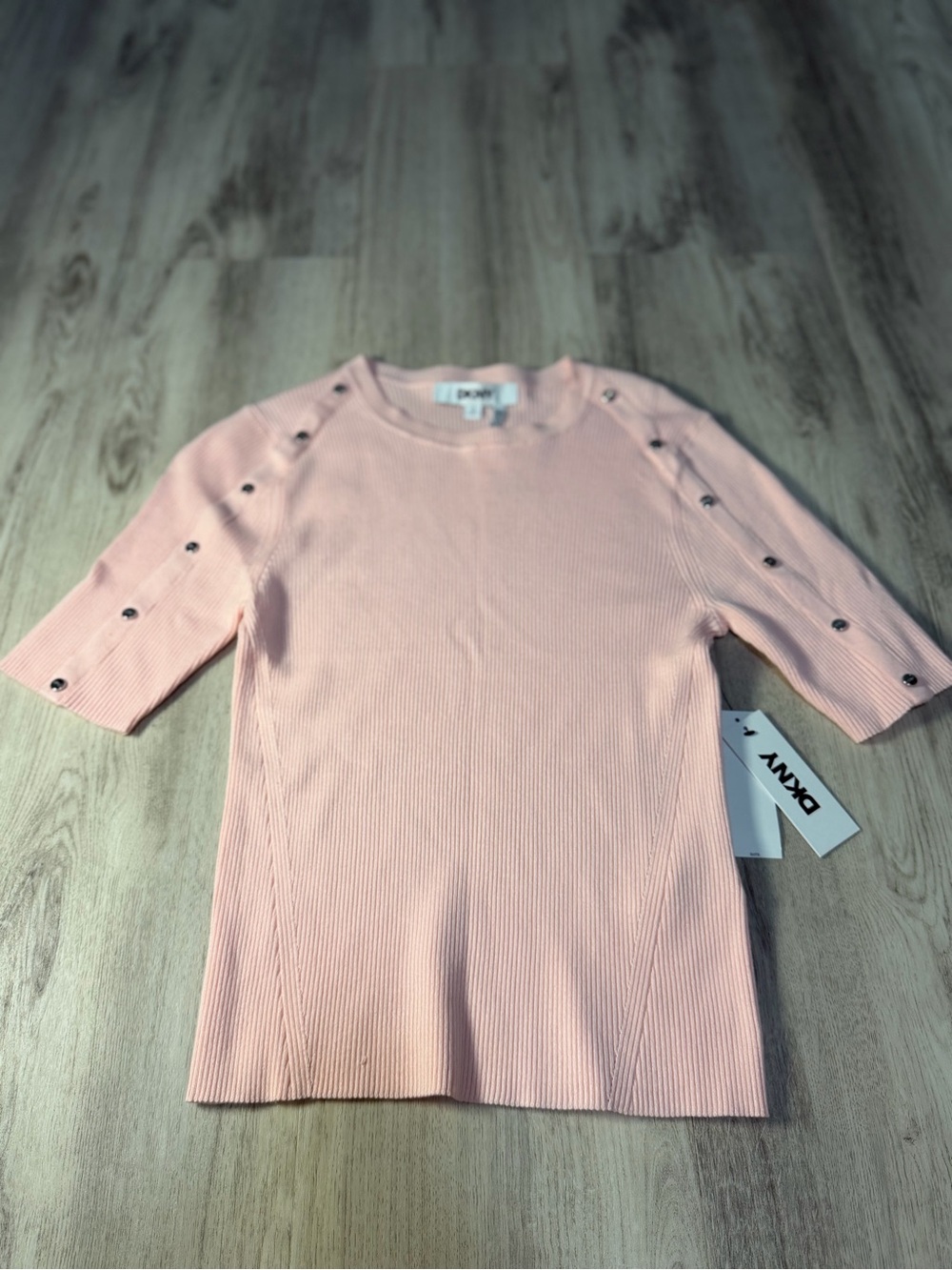 DKNY Soft Pink Ribbed Short Sleeve Top with Button Accents
